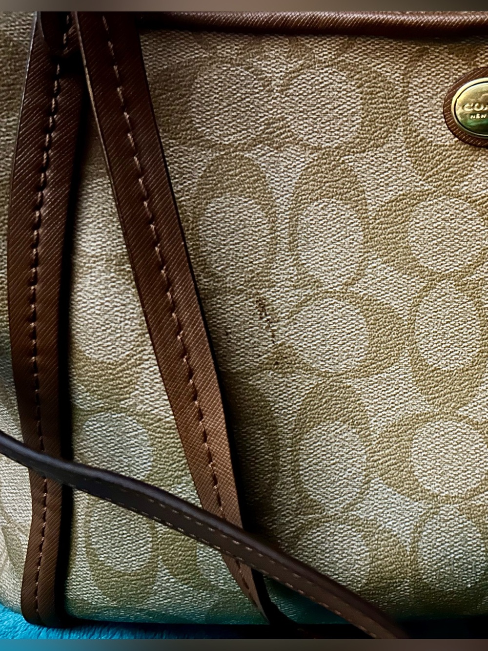 Coach Beige Peyton Signature Canvas Shoulder Bag with Brown Leather Trim - Picture 2 of 16